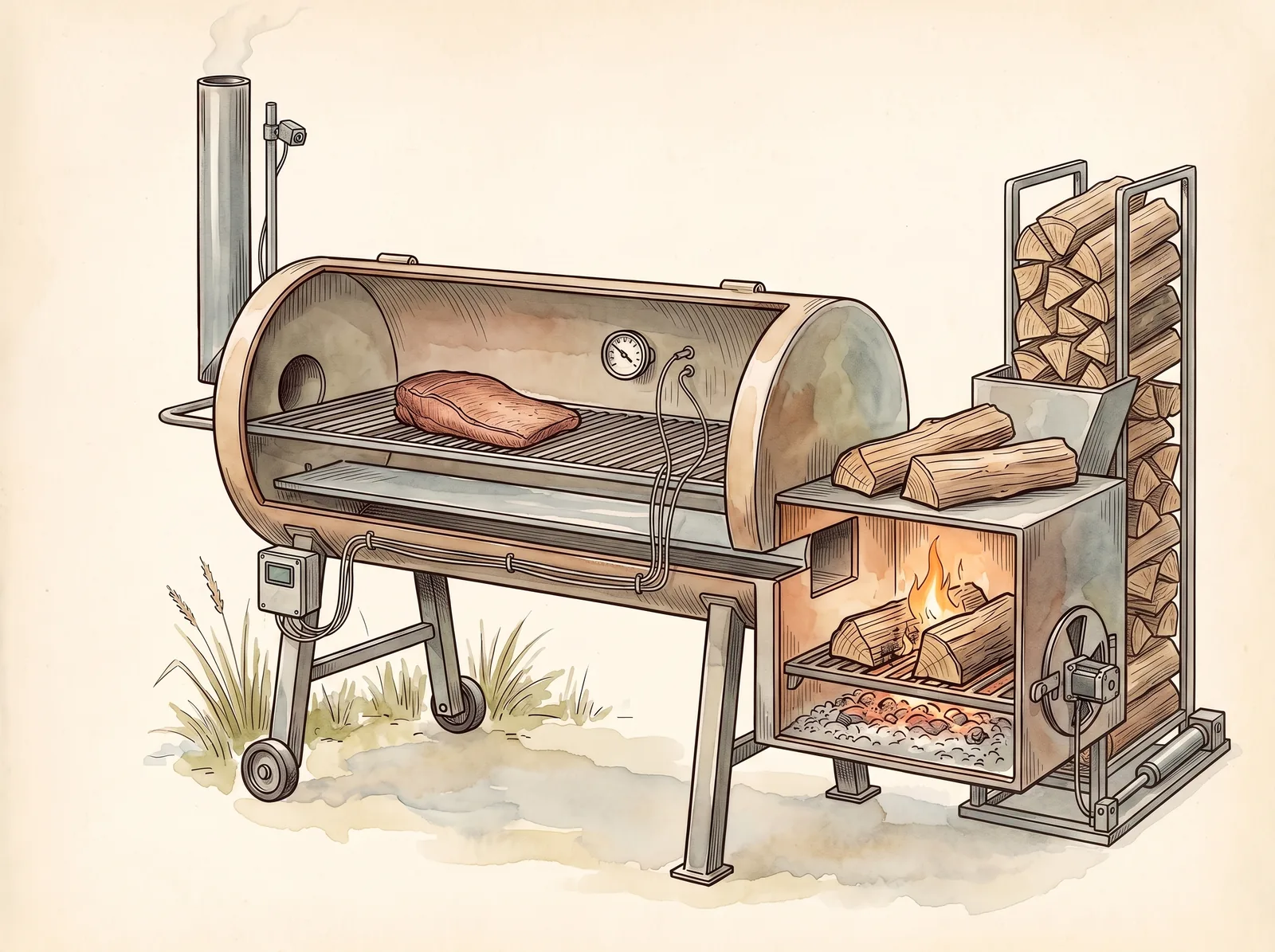 Watercolor illustration of a cutaway offset smoker with a magazine hopper of split logs feeding a chute into the firebox, plus a control box, probe wires and a camera on a mast