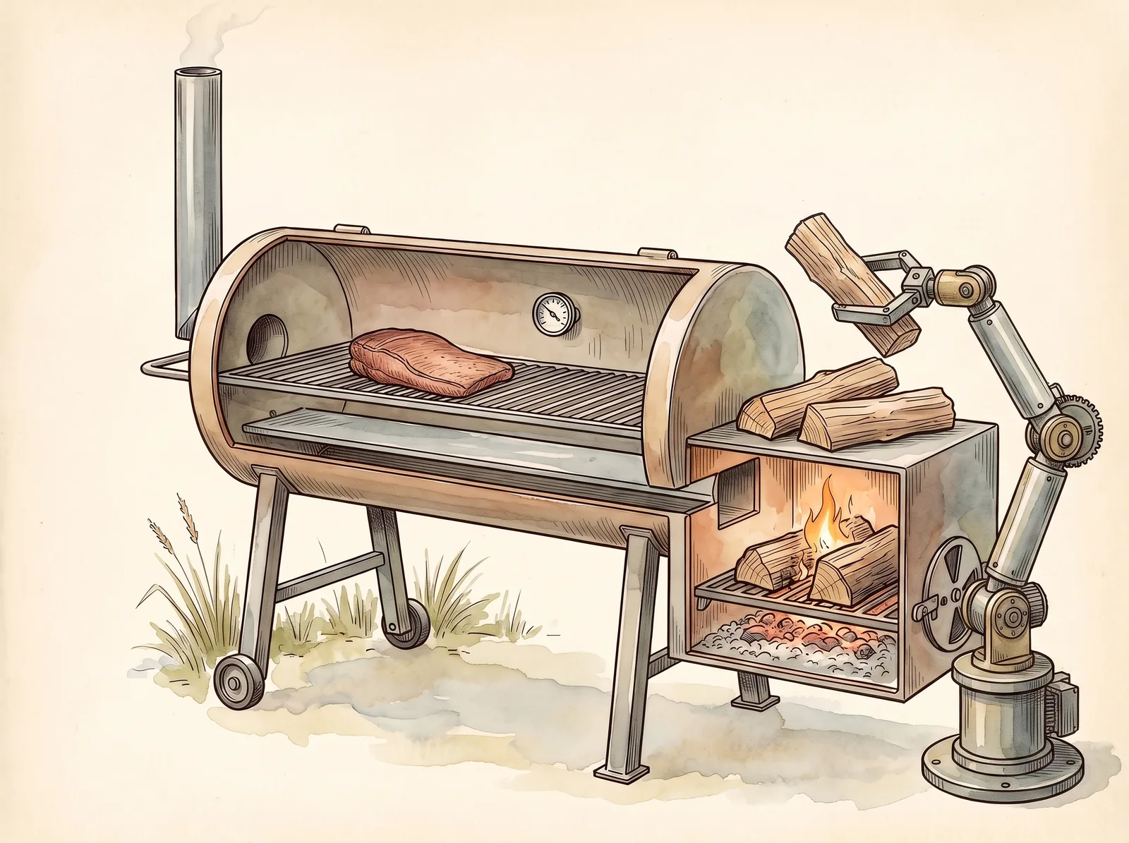 Watercolor illustration of a cutaway offset smoker with a small articulated robot arm on a pedestal beside the firebox, holding a split log